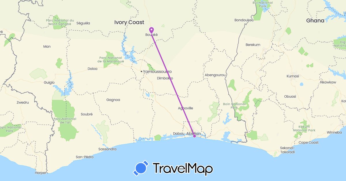 TravelMap itinerary: driving, train in Côte d'Ivoire (Africa)